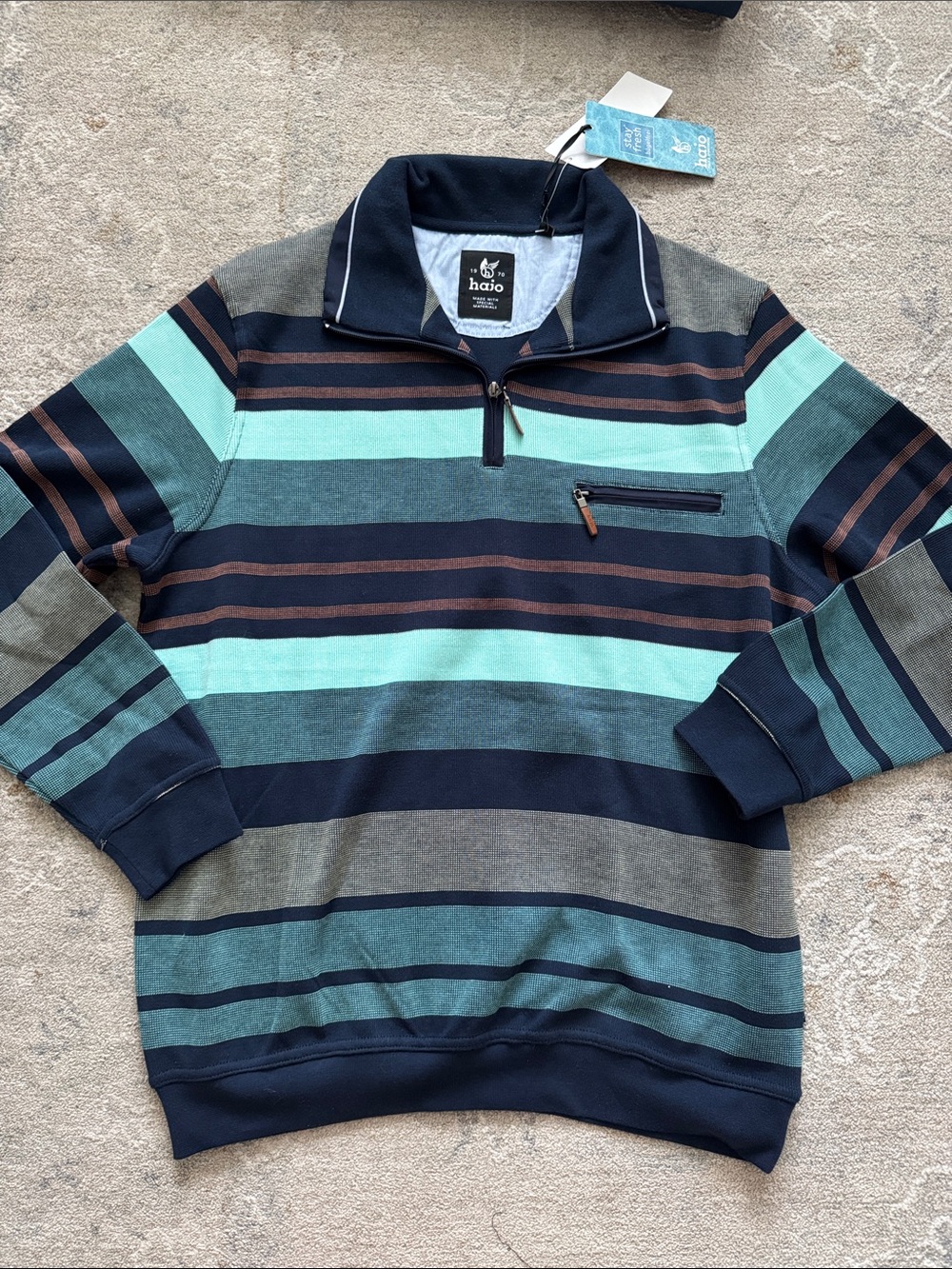 Hajo German Men's Striped Half-Zip Sweater in Navy, Teal & Brown